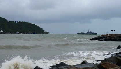 Coastal scene on a cloudy day with a ship in the distance