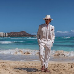 Man in white suit and hat on the ocean shore summer day