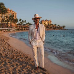 Man in white suit and white hat on the beach on a sunny day