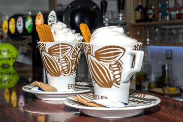 Two cappuccinos with whipped cream and cookies on top