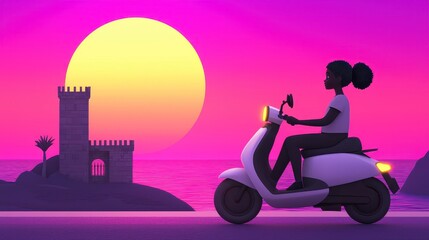 Silhouette of a woman riding a scooter at sunset with a vibrant pink and purple sky behind a coastal castle