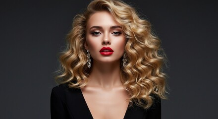 Fototapeta premium Close up portrait of a young pretty woman with beautiful curly fair hair and bright makeup on a dark background.