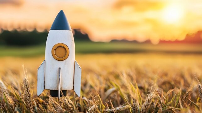 Wooden rocket model standing in a golden field at sunset, symbolizing innovation, dreams, and limitless possibilities