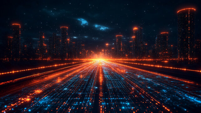 Futuristic Cityscape at Night with Glowing Orange and Blue Lights