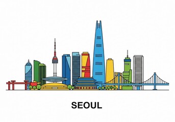 Colorful Seoul City Skyline Vector Illustration Isolated on White Background