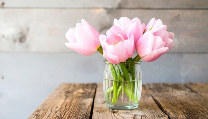 A bouquet of delicate pink tulips in a glass vase sits on a weathered wooden table against a soft gray plank wall