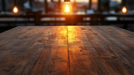 Beautiful wooden table with glowing light bulb in a cozy cafe during sunset, creating a warm atmosphere for relaxation