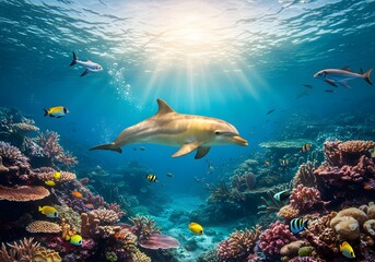 Stunning Underwater Scene Dolphin, Fish, and Coral Reef in Turquoise Ocean with Sunlight.