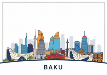 Colorful Baku City Skyline Vector Illustration Isolated on White Background