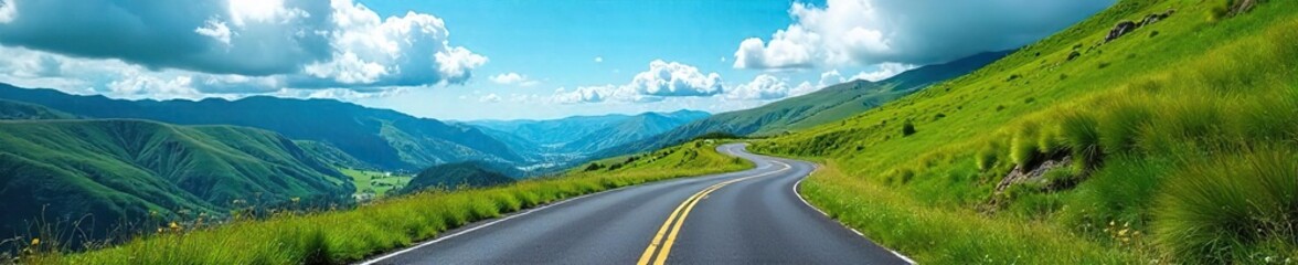 Fototapeta premium A winding asphalt road stretches into the distance, disappearing around a bend, flanked by lush green hills and a vibrant blue sky Perfect for travel, adventure, and nature themes , route, rural