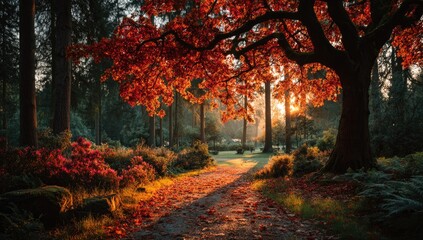 Naklejka premium Autumnal forest path bathed in golden sunlight. Red foliage drapes over a gravel path, leading into a tranquil woodland scene. Sunlight filters through the trees, casting warm shadows.