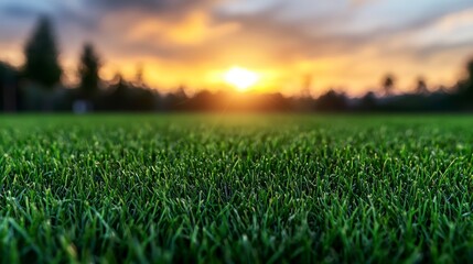 Beautiful sunset over a vibrant green lawn highlighting the serene beauty of nature and the tranquility of outdoor spaces.