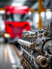 Fototapeta premium Industrial engine components with a blurred red truck in the background
