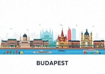 Obraz premium Colorful Budapest City Skyline Vector Illustration Isolated on White Background