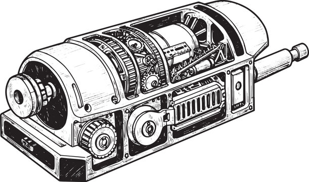Detailed woodcut style illustration of a complex mechanical appa