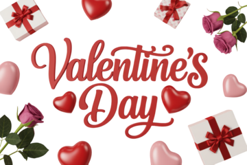 Celebrate love and romance with festive Valentine's Day decorations and gifts against a transparent background