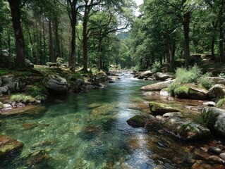 Fototapeta premium Crystal-clear river winds through a lush forest. Sunlight filters through trees