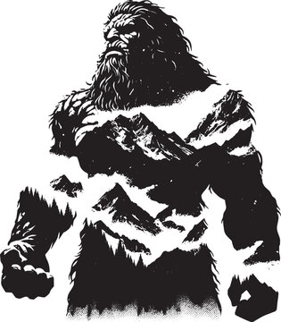 An Artistic Depiction of Bigfoot with a Mountain Range Landscape in its Body