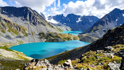 Obraz premium Mountainous landscape with alpine lakes. Vast vista of rugged peaks and turquoise lakes nestled amongst them