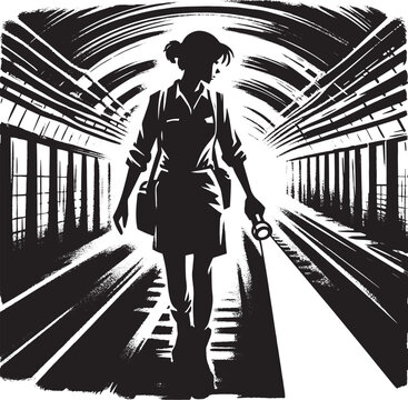 Woman with flashlight explores dark subway tunnels in minimalist