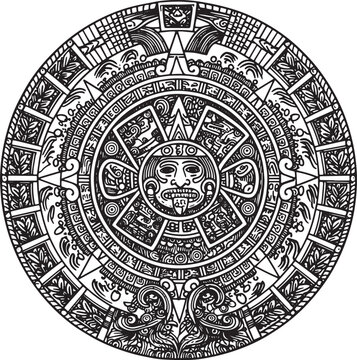 Elaborate Mayan Calendar Illustration, Black and White Detailed