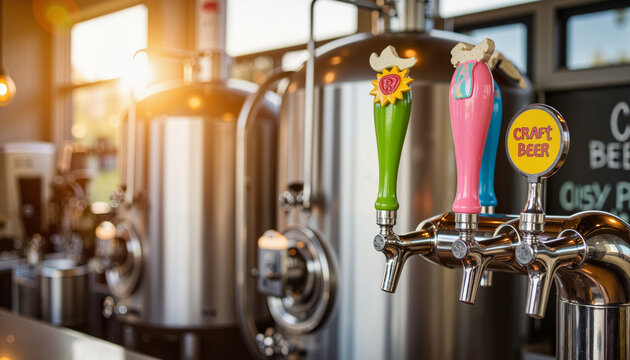 Colorful novelty beer taps in lively brewery setting, craft beer culture