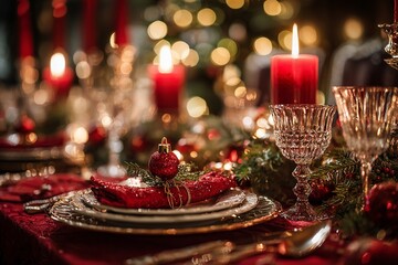 Christmas Eve celebration table with ornaments and crystal glasses