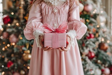 Girl in pink dress holding Christmas gift in front of tree