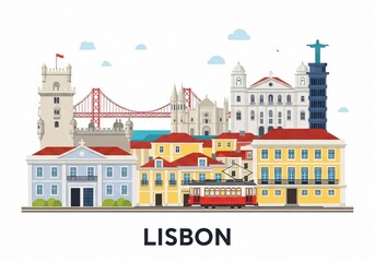 Fototapeta premium Colorful Lisbon City Skyline Vector Illustration Isolated on White Background