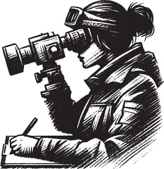 Illustration of a person looking through a vintage camera, taking notes, artistic monochrome style