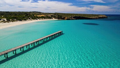 Aerial View of a Wooden Pier Extending into Turquoise Ocean