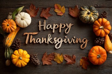 Happy Thanksgiving text with pumpkins and autumn leaves