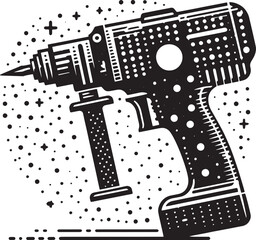 Black and White Illustration of a Cordless Drill, Showing Detail and Design Elements