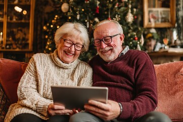 Happy senior couple sitting on couch with tablet / senior couple with tablet computer