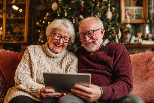 Happy senior couple sitting on couch with tablet / senior couple with tablet computer