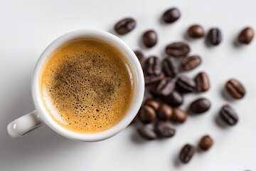 “Hot espresso coffee in white cup with roasted beans on table / cup of coffee with beans