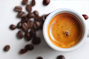 Close-up of hot espresso with crema and scattered coffee beans / cup of coffee
