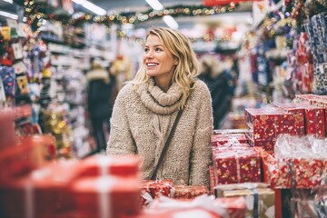 Happy woman enjoying holiday shopping in Christmas section