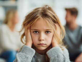 Close-up of sad young girl covering her ears with hands while parents arguing blurred in the background during family conflict at home