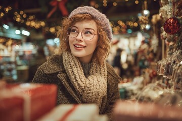 Cheerful girl enjoying holiday season surrounded by decorations