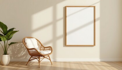 Wicker lounge chair casts elongated shadows near a beige wall, acpanied by an empty mock up poster frame, Modern interior design living room, Flat design aesthetic