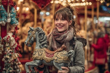 Smiling young woman holding decorative horse at festive Christmas market