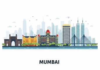 Colorful Mumbai City Skyline Vector Illustration Isolated on White Background