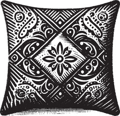 Fototapeta premium Detailed Black and White Pillow Design with Geometric and Floral Patterns, Linocut Style