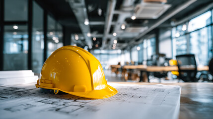 Modern workspace with a safety helmet and architectural plans on a desk