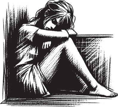 Illustration of a sad and lonely woman sitting alone in a corner, feeling down and isolated