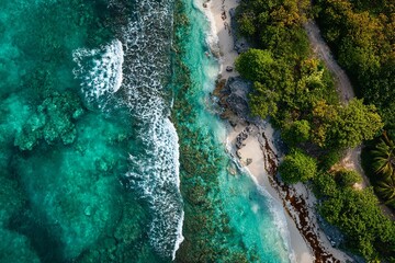 Aerial view of tropical coastline with turquoise ocean and lush forest /  Drone shot of clear blue sea waves crashing on sandy beach