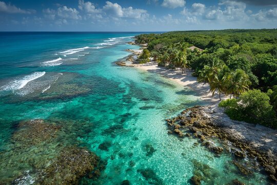 Aerial view of tropical coastline with turquoise ocean and lush forest / Drone shot of clear blue sea waves crashing on sandy beach