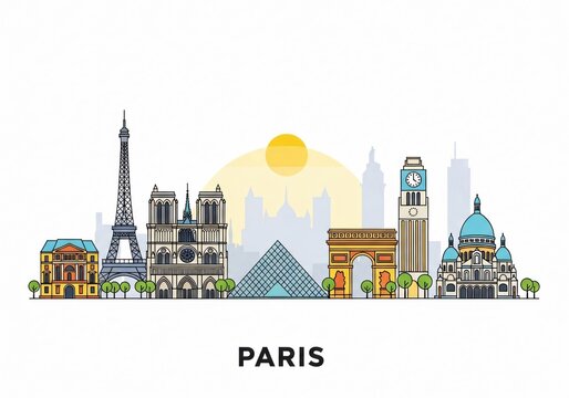 Paris City Skyline Vector Illustration Isolated on White Background