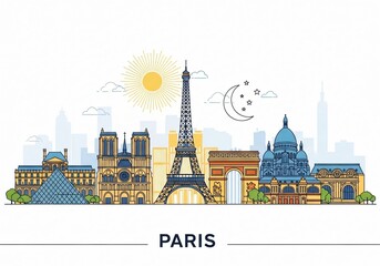 Paris City Skyline Vector Illustration Isolated on White Background